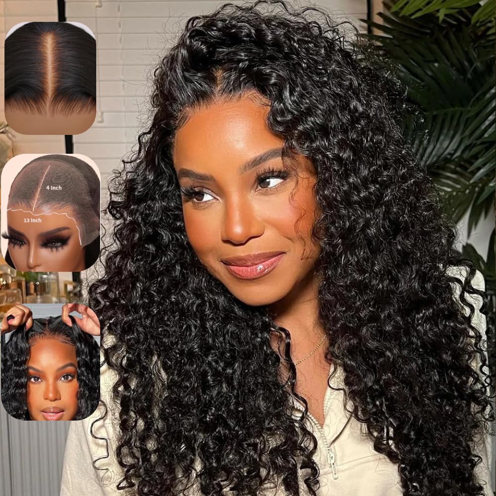 KLAIYI Pre Everything 13x4 Glueless Lace Front Wig Human Hair Water Wave Bye Bye Knots Put On and Go Wig Pre Cut Lace Pre Bleached Pre Plucked 30S Easy To Wear Beginner Curly Wig with Baby Hair 24Inch