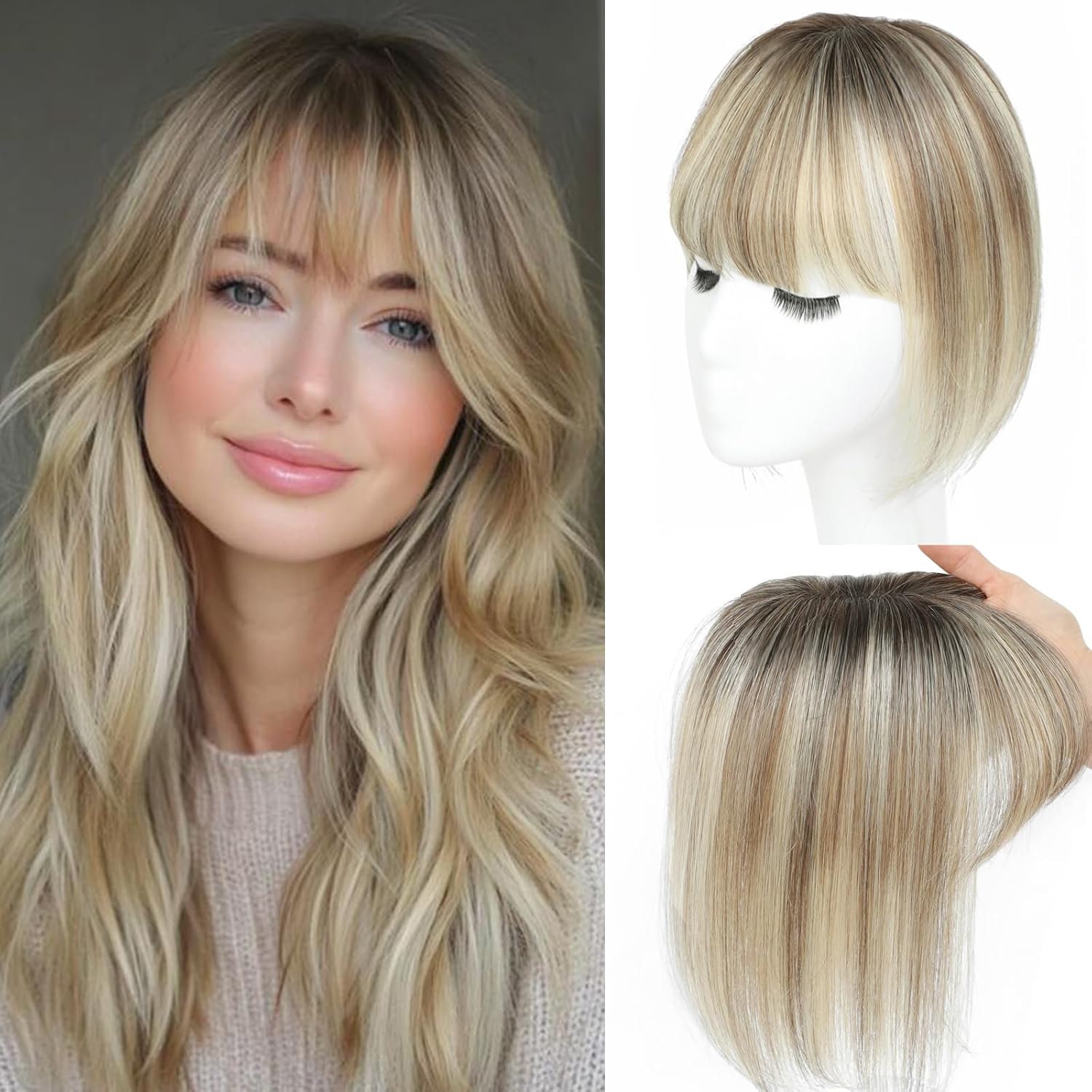 Hair Toppers for Women Real Human Hair Toppers for Women with Thinning Hair Pieces with Bangs Top Handmade Swiss Base HairPieces 10Inch (Ombre Light Brown with Blond Highlight)