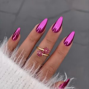 Purple Chrome Press on Nails Medium Almond,KQueenest Mirror Metal Stiletto Fake Acrylic Nails with Bling Design, Reusable Glue on Nails for Daily Party Wear, False Nails Press ons in24 PCS
