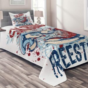 Ambesonne Sports Coverlet, Skateboarding Graphic with Distressed Complex Effects Action Sports Hipster Culture, 2 Piece Decorative Quilted Bedspread Set with 1 Pillow Sham, Twin Size, Blue Red