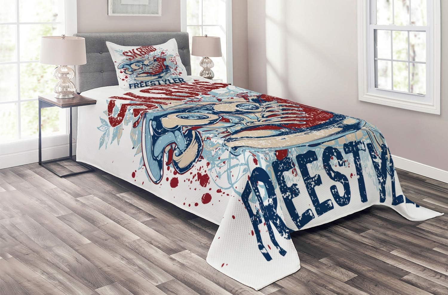 Ambesonne Sports Coverlet, Skateboarding Graphic with Distressed Complex Effects Action Sports Hipster Culture, 2 Piece Decorative Quilted Bedspread Set with 1 Pillow Sham, Twin Size, Blue Red