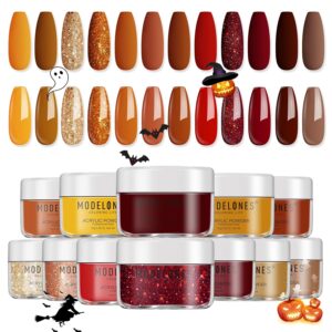 modelones Acrylic Powder Set - 12 Colors Fall Winter Nail Set - Professional Colored Acrylic Polymer Powder Glitter Red Gold Orange - Halloween Thanksgiving Gifts