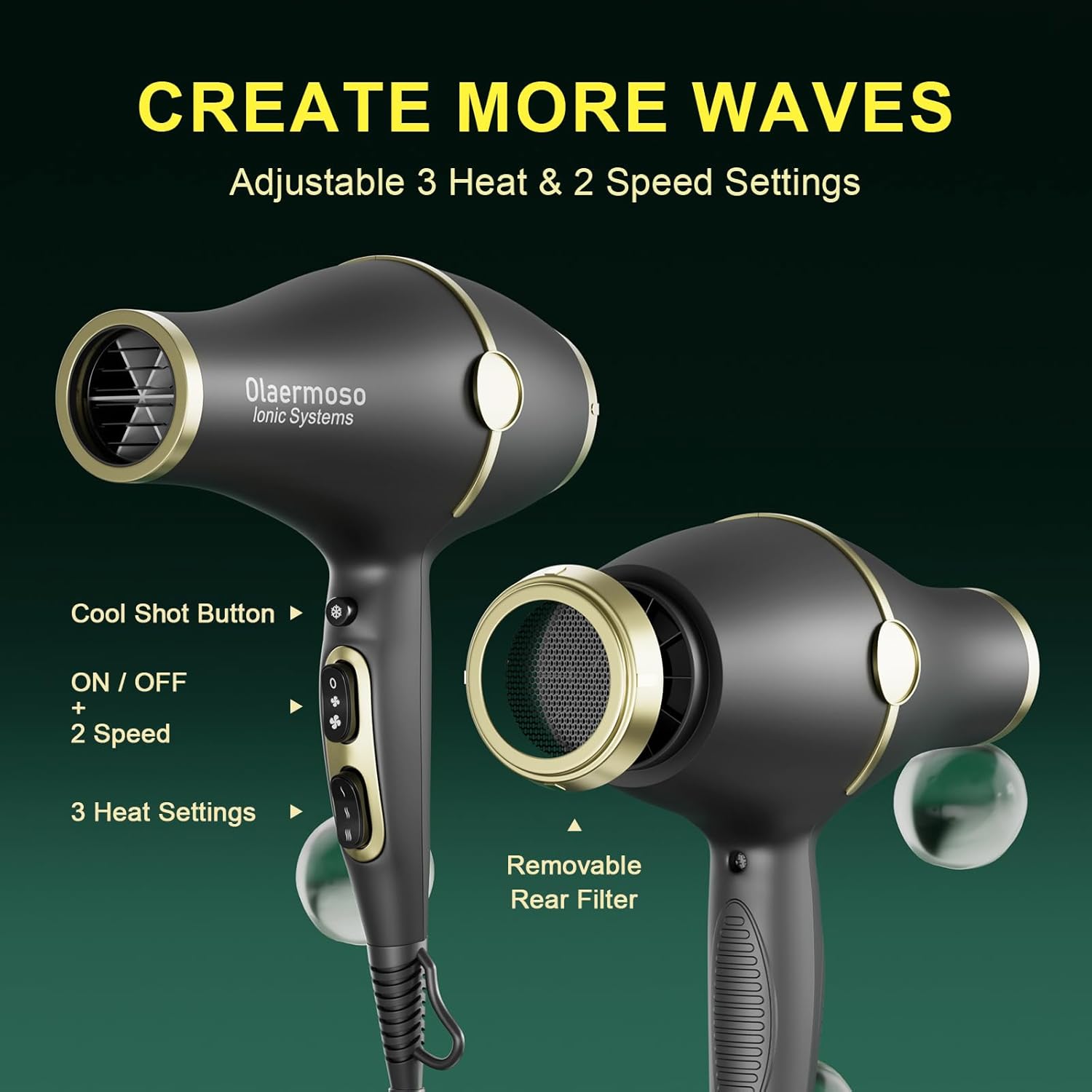 Hair Blow Dryer with Ionic Systems,Diffuser Hair Dryer with & 2 Nozzles,2200W Professional Blow Dryer Powerful Motor for Quick Dry,Hair Dryers for Women and Men,Cool Shot Feature - Image 3