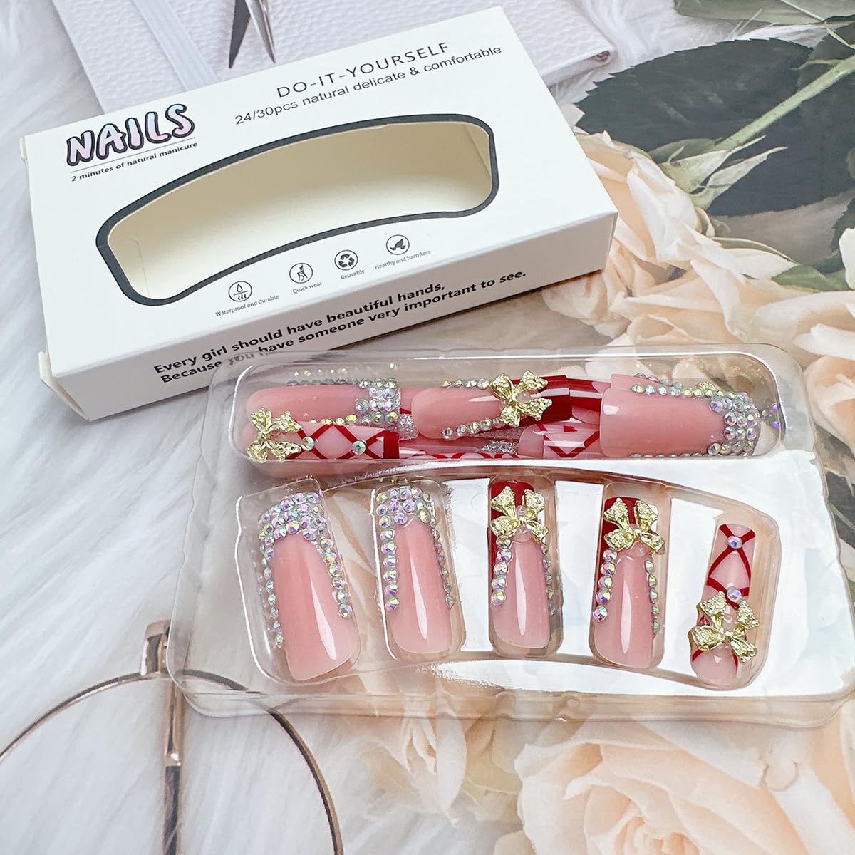24Pcs Long Coffin Press on Nails Red French Tip Fake Nails with 3D Metal Bow Rhinestones Designs Spring Summer Acrylic Nails Full Cover French False Nails Bow Diamond Stick on Nails for Women - Image 5