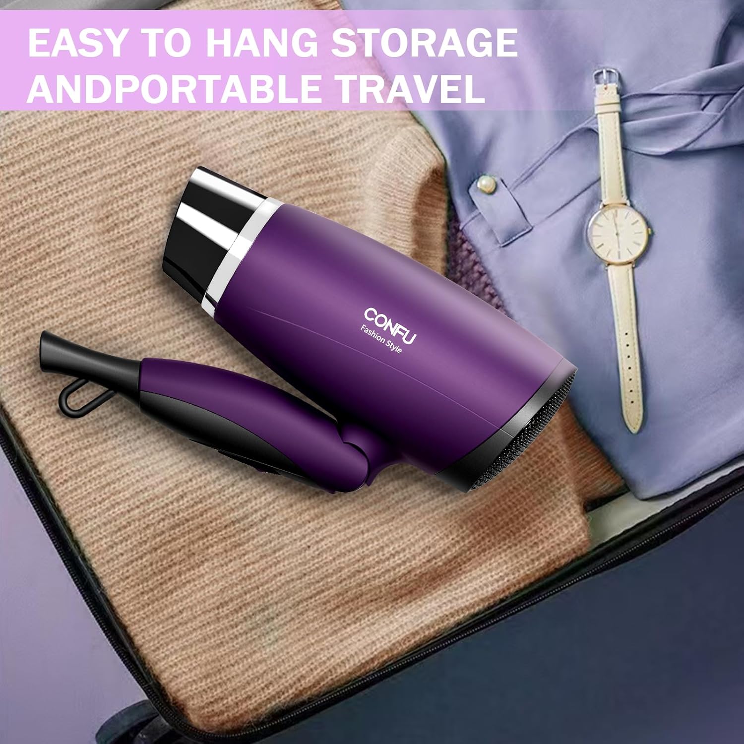 CONFU Portable Travel Hair Dryer 1600W Folding Handle Ceramic Tourmaline Ionic Purple - Image 5
