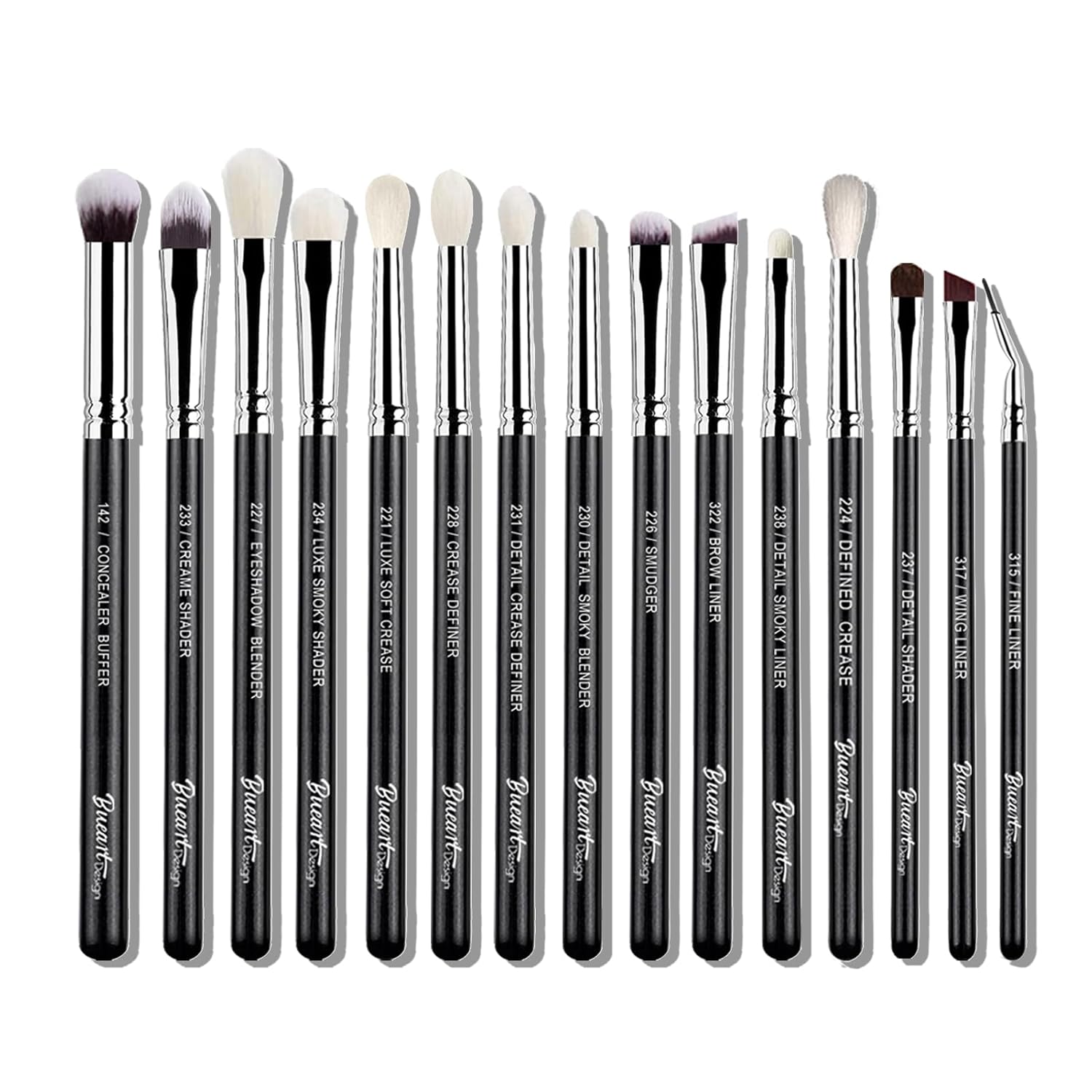 Bueart Design 15Pcs Pro Natural Hair Eyeshadow Makeup Brush Set kits for powder cream liquid eyeshadow blending, Luxury Professional Goat and Pony Hair Bristles Precision eyeshadow brushes