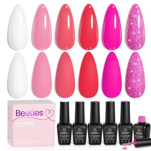 Beetles Gel Nail Polish Set - 6 Colors Hot Pink Rose Red Summer Nail Gel Polish Kit Gel Nail Polish Collection Pink Glitter Gifts for Women Soak Off Uv Nail Lamp Manicure Kit