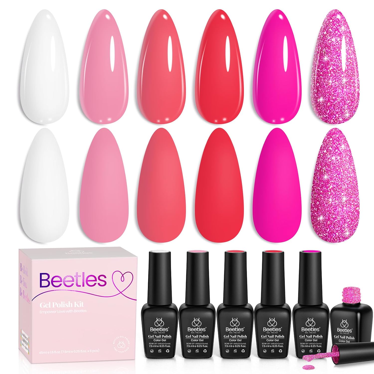 Beetles Gel Nail Polish Set - 6 Colors Hot Pink Rose Red Summer Nail Gel Polish Kit Gel Nail Polish Collection Pink Glitter Gifts for Women Soak Off Uv Nail Lamp Manicure Kit