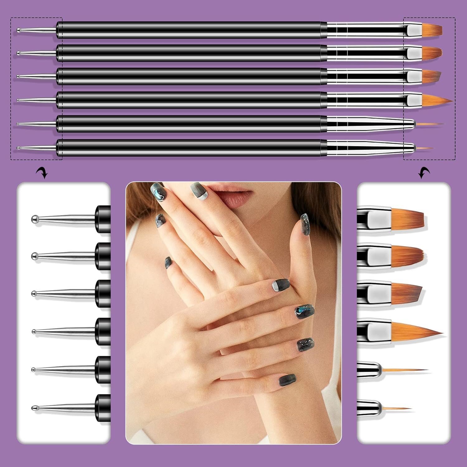 Artdone Nail Dotting Tools 6PCS Double-ended Nail Art Brushes Kit Nail Art Gel Polish Liner Brushes Design Pen For Nail Drawing And Nail Paint Brushes Small Detail Brushes - Image 3