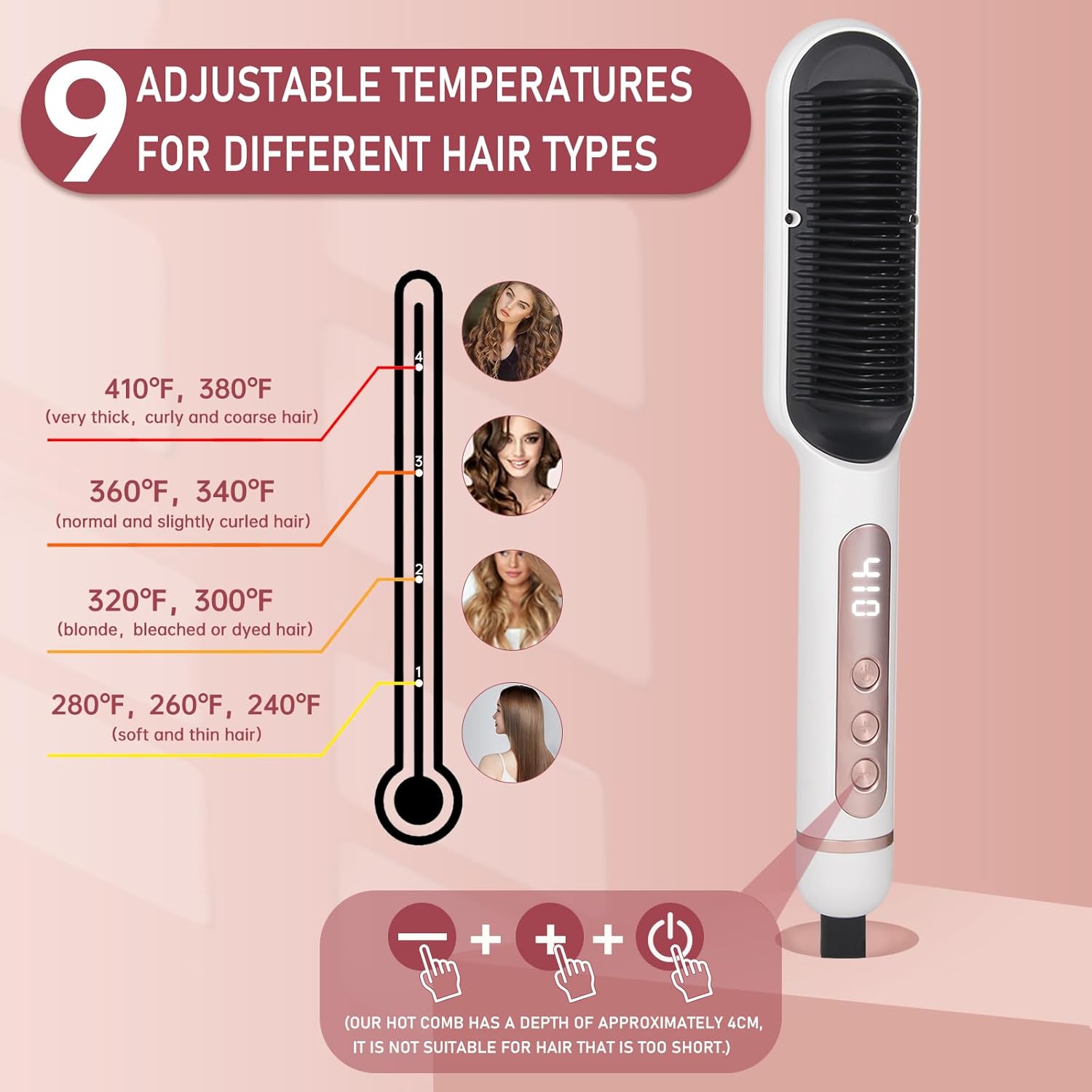 Ionic Hair Straightener Brush for Women, 9 Temperature Settings, Fast Heating - Image 3