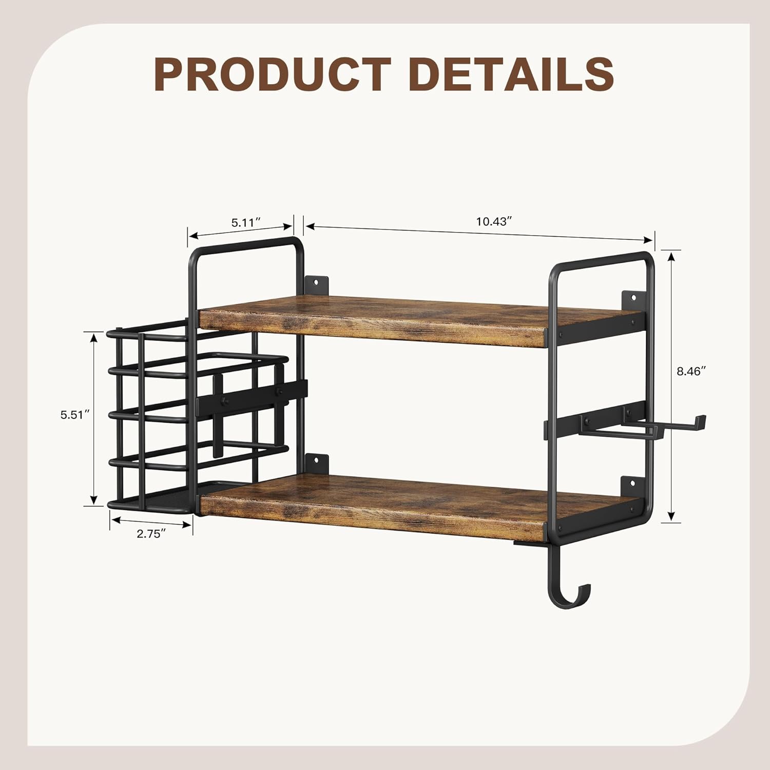 3-in-1 Wall Mounted Hair Dryer Holder with 2 Tier Shelves & Detachable Basket, Space Saving Organizer for Bathroom, Kitchen, Bedroom, Rust-Resistant, Easy Install - Image 4