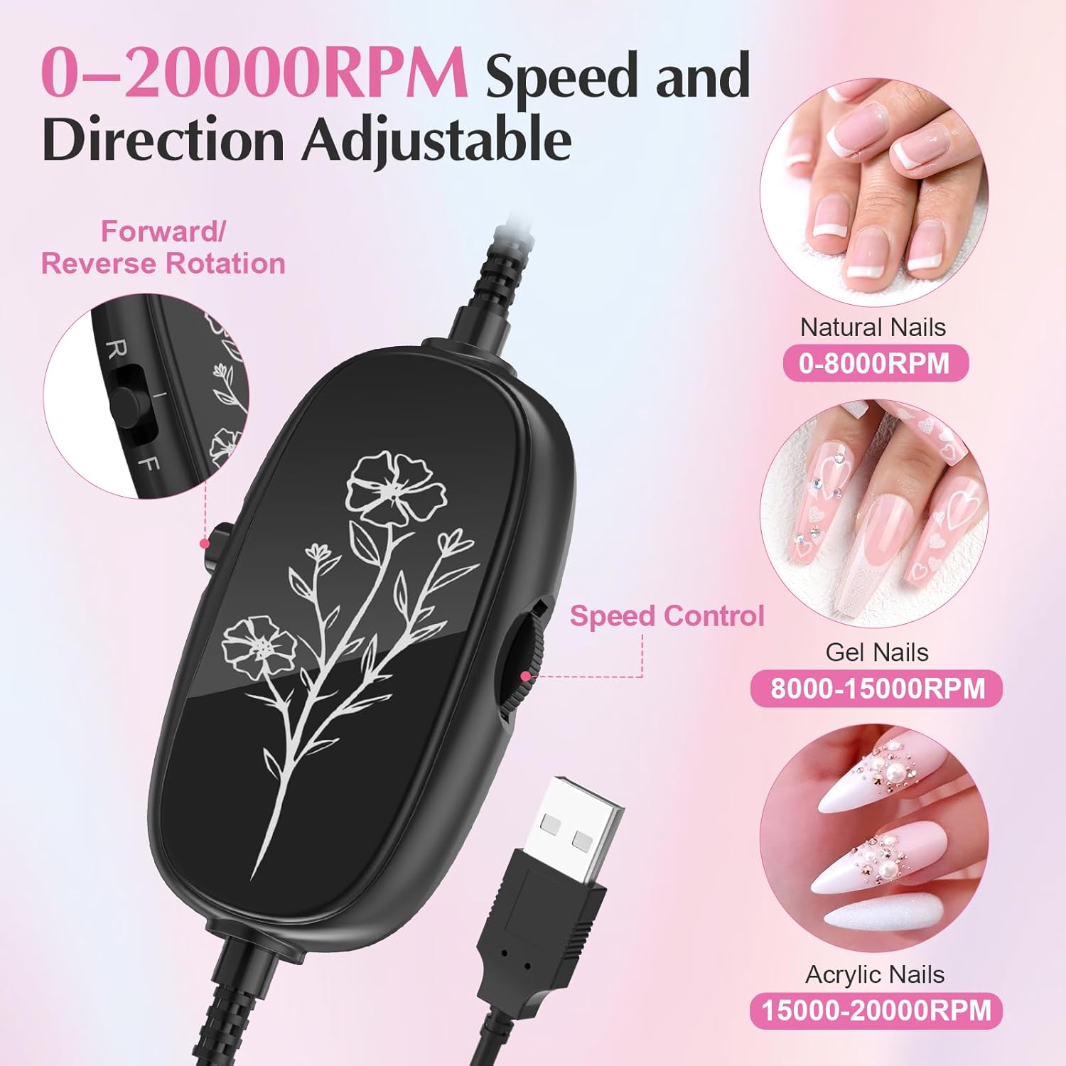 JIASHENG USB Electric Nail Drill, Portable Electric Nail File for Acrylic Gel Nails, Professional Drill Nail Kit Manicure and Pedicure Kit with Drill Bits for Home and Salon Use, Pink - Image 2