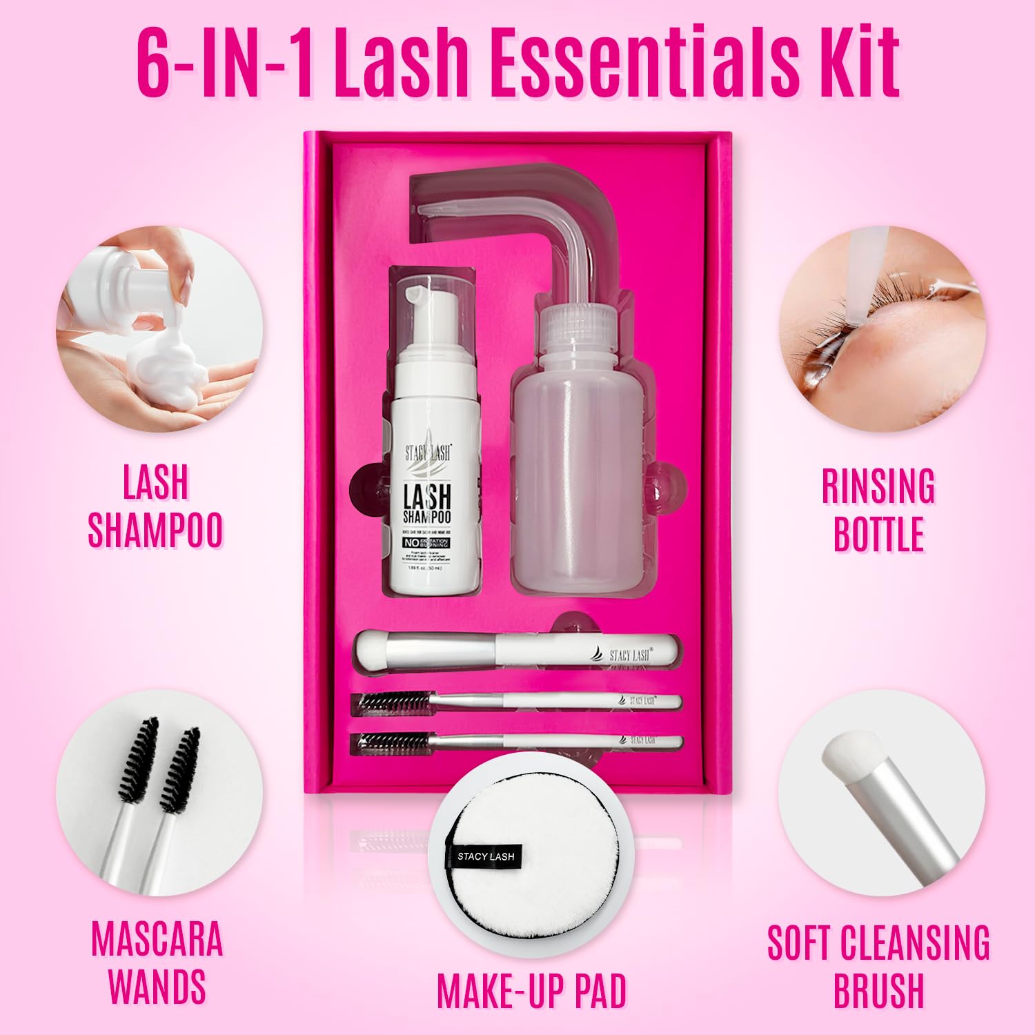 STACY LASH Lash Shampoo Kit Foaming Cleanser with Eye Lash Spoolies & Rinse Bottle & Cleansing Pad & Brush for Eyelash Extensions & Clusters & Natural Eyelashes - Image 2