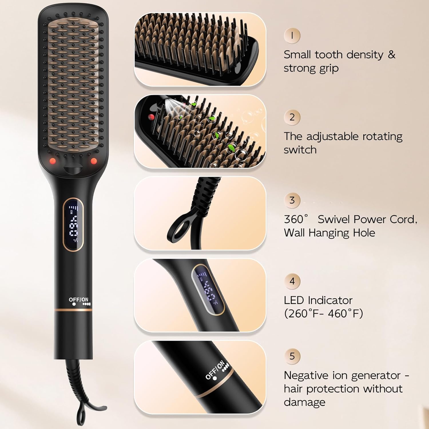 Nicebay Straightener Brush, Rotatable Temperature Adjustment Hair Straightening Brush, Auto-Off & Led Display Hair Straightener Comb for Women - Image 2