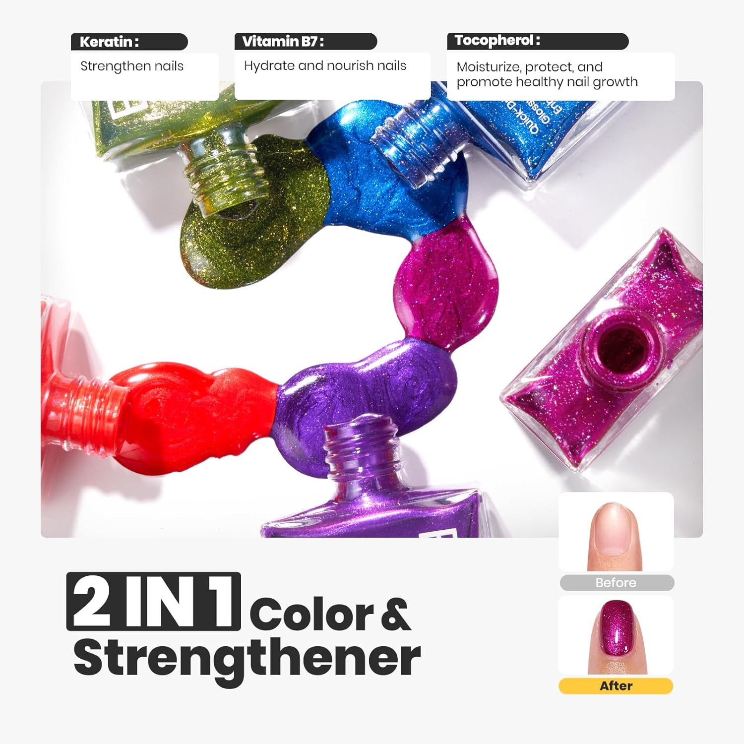 Beetles Glitter Nail Polish Set 7Pcs, Fast Drying & Long Lasting Red Blue Green Nail Polish with 2 IN 1 Base & Top Coat and Cuticle Serum 20ml, All-in-One Care 4th of July Nails Kit - Image 3