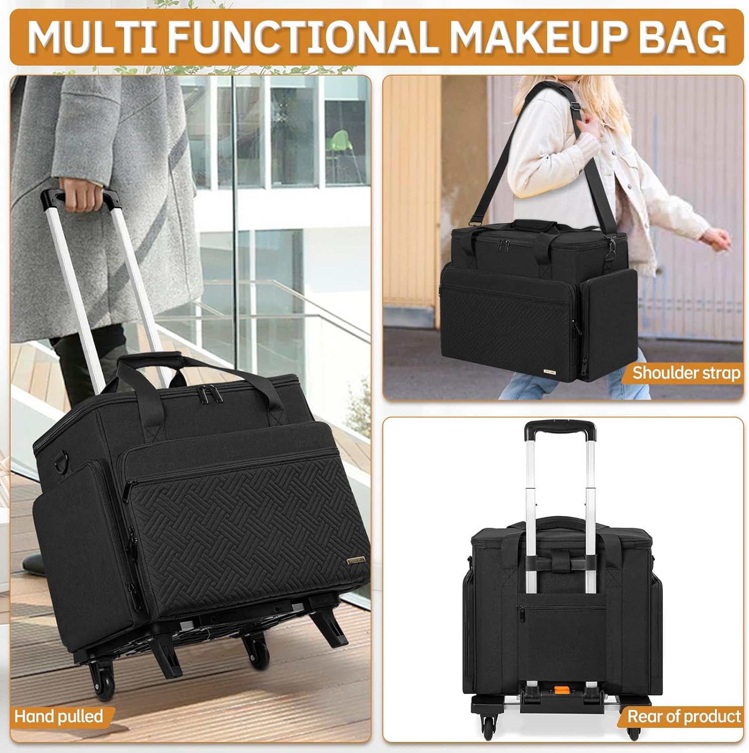 Extra Large Rolling Makeup Case with 4 Removable Pouches,Professional Make up Train Case with Wheels,Travel Cosmetic Bag for Hairstylists Nail Tech Makeup Artist with Detachable Trolley - Image 8