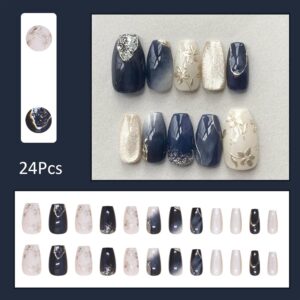 Press on Nails Blue Marbling False Nails Medium Coffin Fake Nails with Silver Peach Blossom Designs Glossy Artificial Acrylic Nails Irregular Silver Lines False Nails Stick on Nails for Women 24Pcs