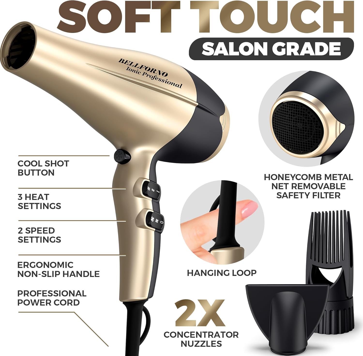 2200W High-Power Hair Dryer - Ionic Ceramic Tourmaline Technology, Lightweight Ergonomic Design with Cool Shot, Comb Attachments & Adjustable Heat/Speed, ADC Motor, Professional Salon Finish - Image 9