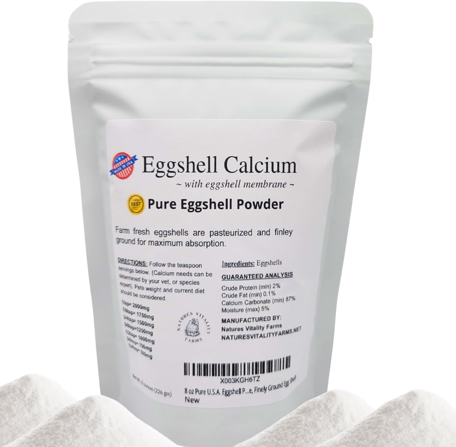 8 oz Pure U.S.A. Eggshell Powder for Dogs/Cats, Finely Ground, Calcium Supplement