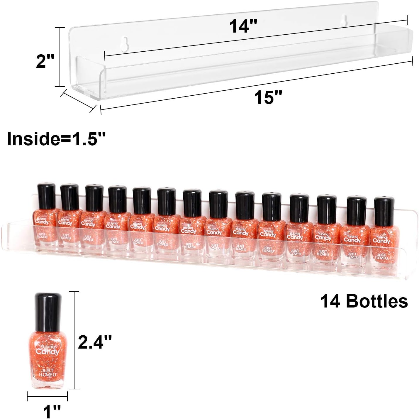 Acrylic Shelves Nail Polish Wall Mounted Holder Paint Organizer Storage Rack Clear 6 Pack Hanging Nail Polish Shelf Floating Wall Mount Hold up to 96 Bottles. - Image 2