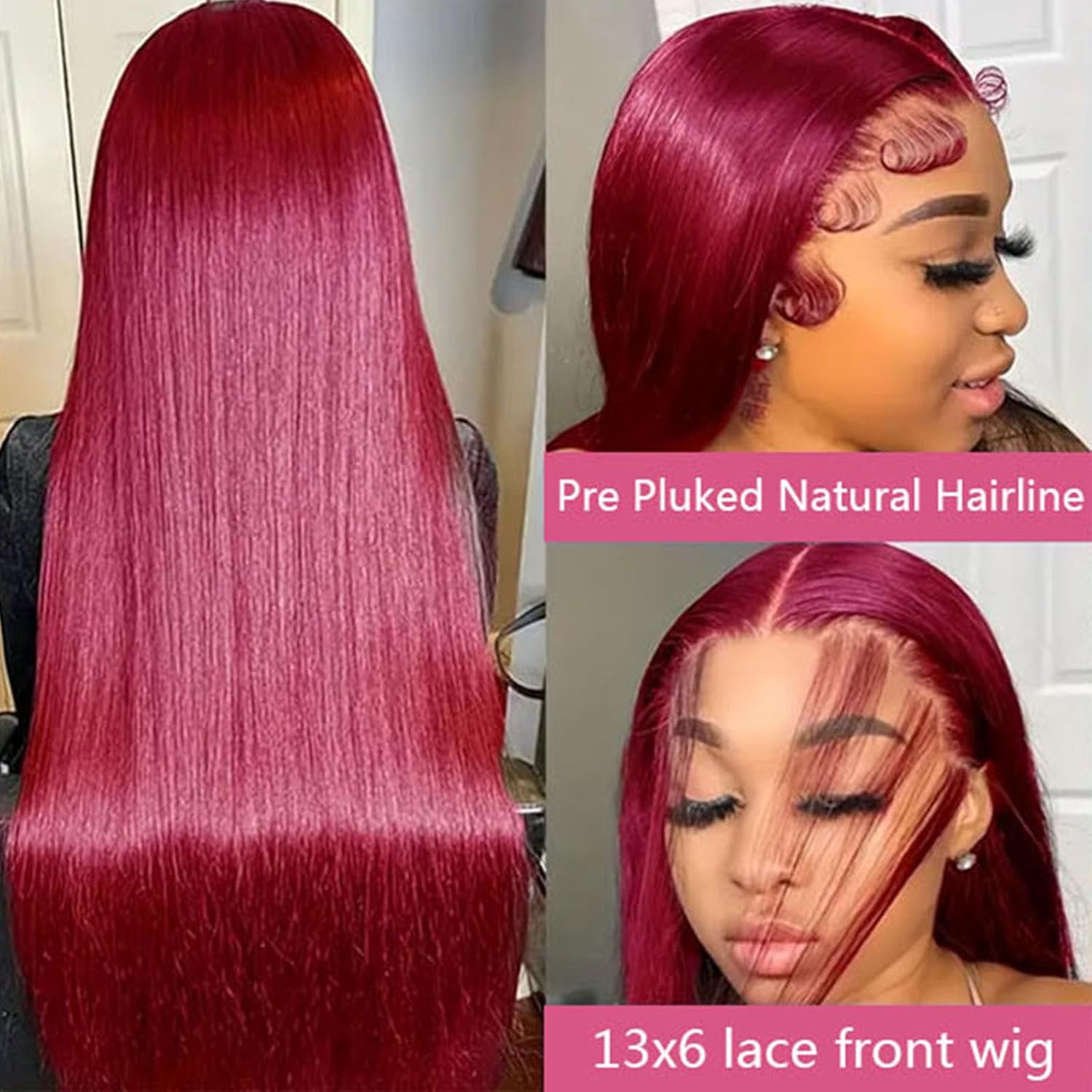 Burgundy Wig Human Hair 28inch 13x6 HD Transparent Lace Straight 99J Red Human Hair Wig Colored Reddish Brown Lace Frontal Wigs 180% Density Pre Plucked With Baby Hair - Image 3