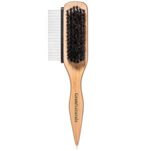 GranNaturals Boar Bristle Slick Back Hair Brush w/Comb for Smoothing Sleek Ponytail Bun - Wide Rat Tail & Metal Comb Hairbrush for Parting, Teasing, Backcombing, Sectioning, Edge Control, Flyaways
