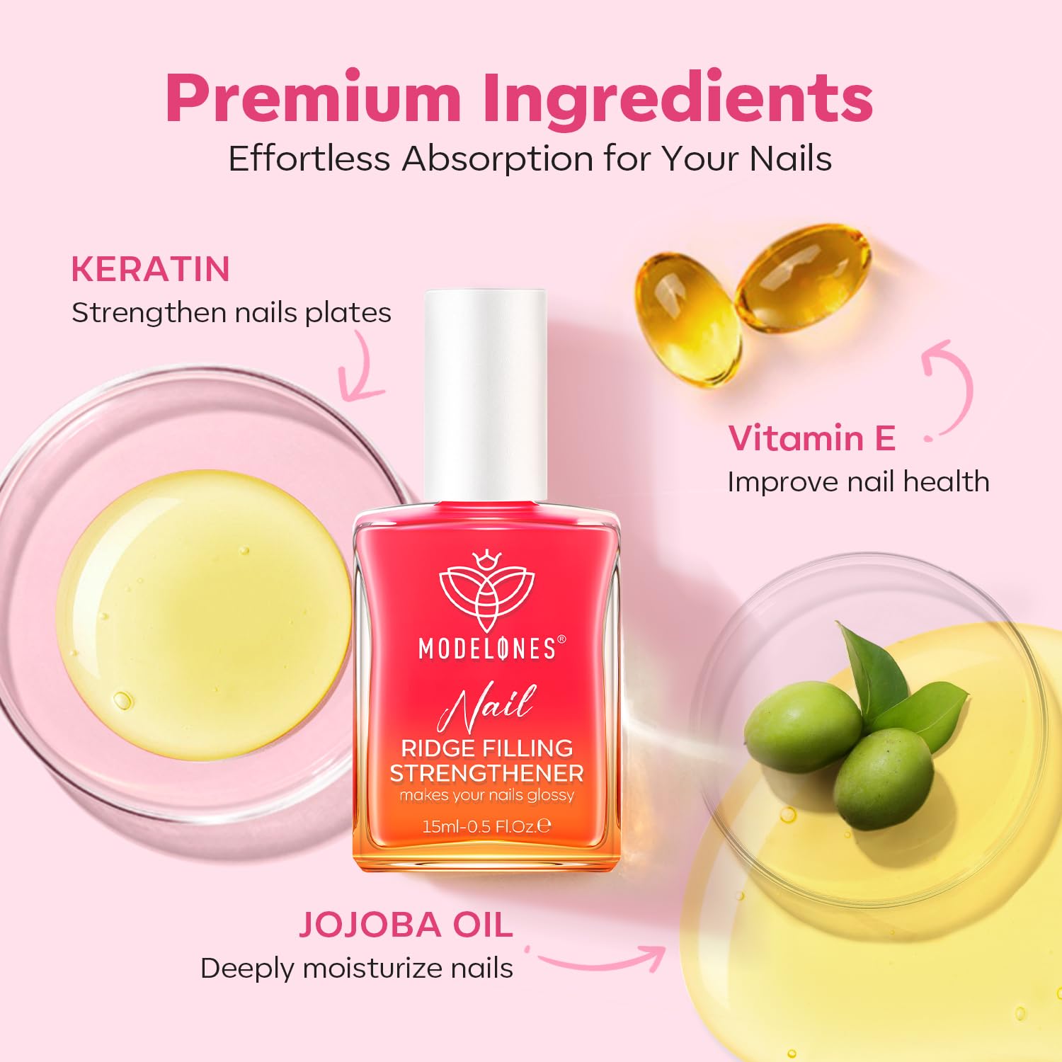 modelones Nail Strengthener 8-in-One Nail Ridge Filler Base Coat Nail Polish Repair Nail Growth Treatment for Thin and Damaged Nails Jelly Pink 15ml - Image 5