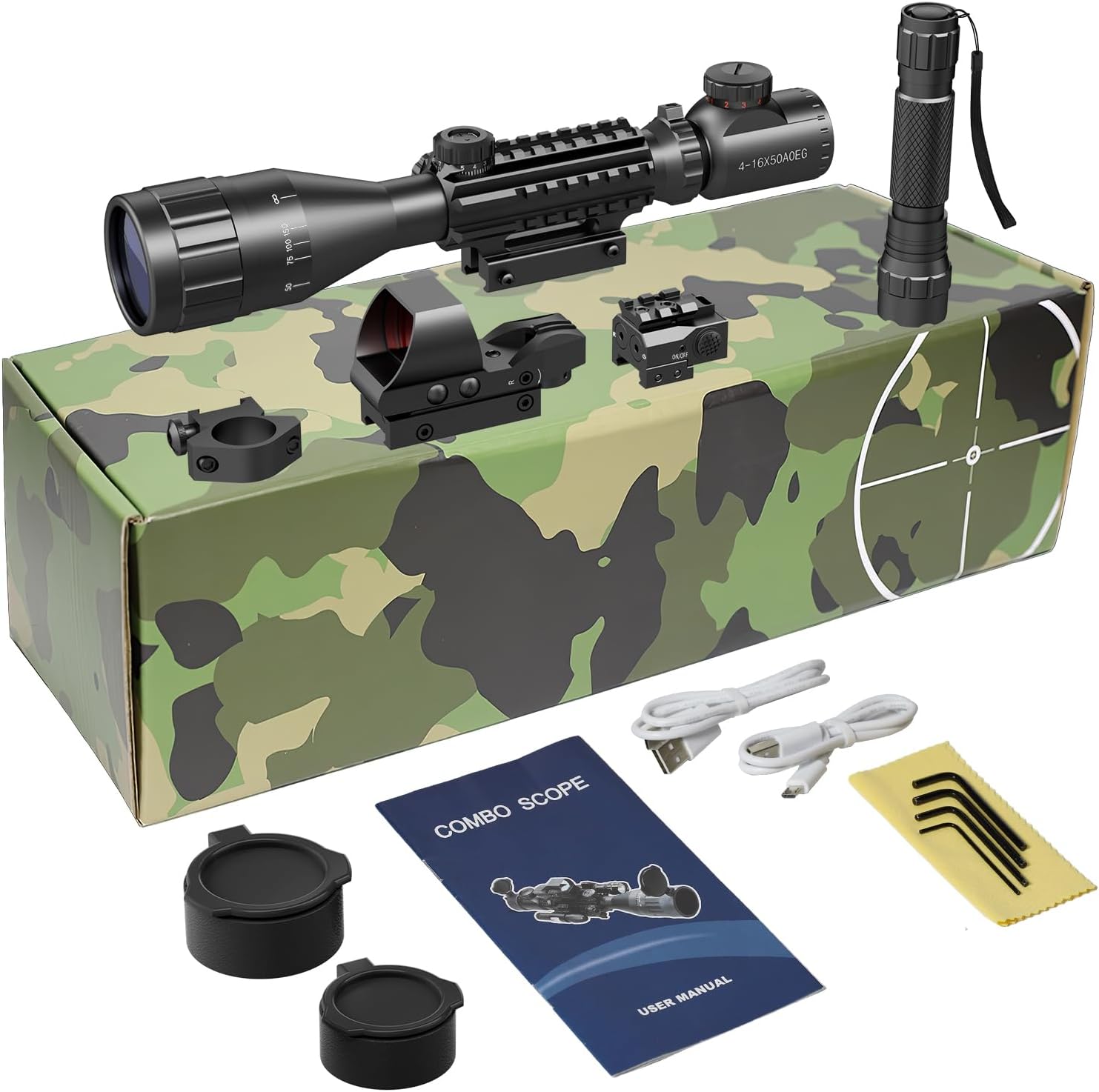 4-16x50AO Rifle Scope Combo Red/Green Dual Illuminated with Green Laser 4 Holographic Reticle Red Dot 5Modes Flashlight for Rail Mount - Image 6