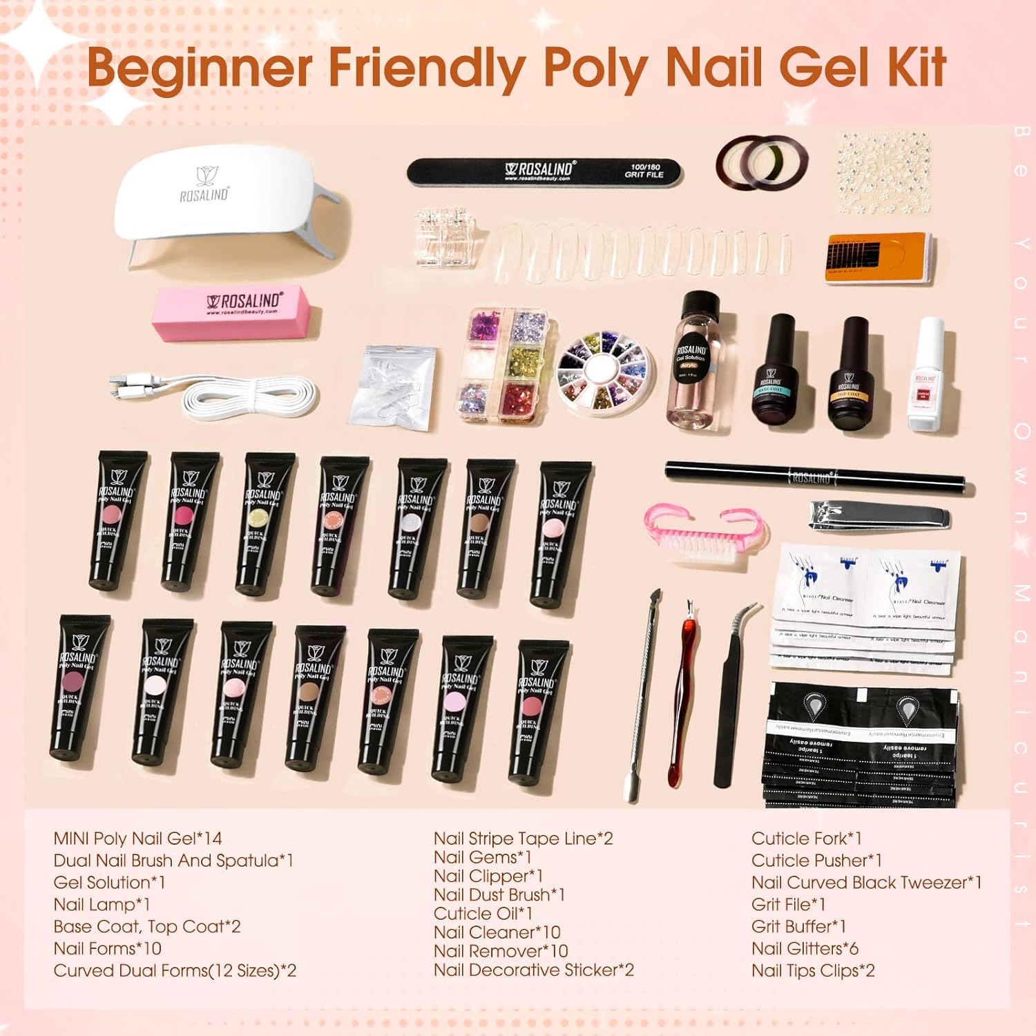 ROSALIND Poly Nail Gel Kit -14 Colors +72 Nail Art Accessories kit Clear Nude Poly Nails Gel Kit Starter Kit with Mini UV Lamp Slip Solution Basic Tools for Beginners with Everything - Image 2
