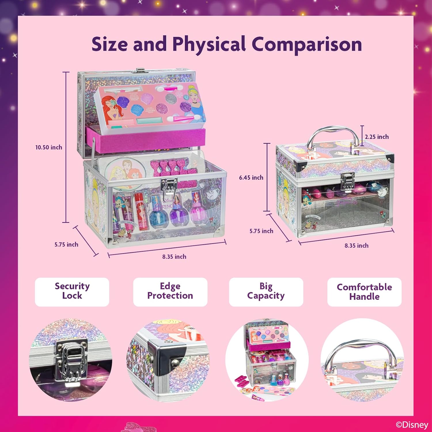 Disney Princess Train Case Beauty Set, Kids Makeup Kit for Girls, Real Washable Makeup Set, Play Makeup, Party Favor, Birthday, Ages 3 4 5 6 7 8 9 10 11 12 by Townley Girl - Image 8