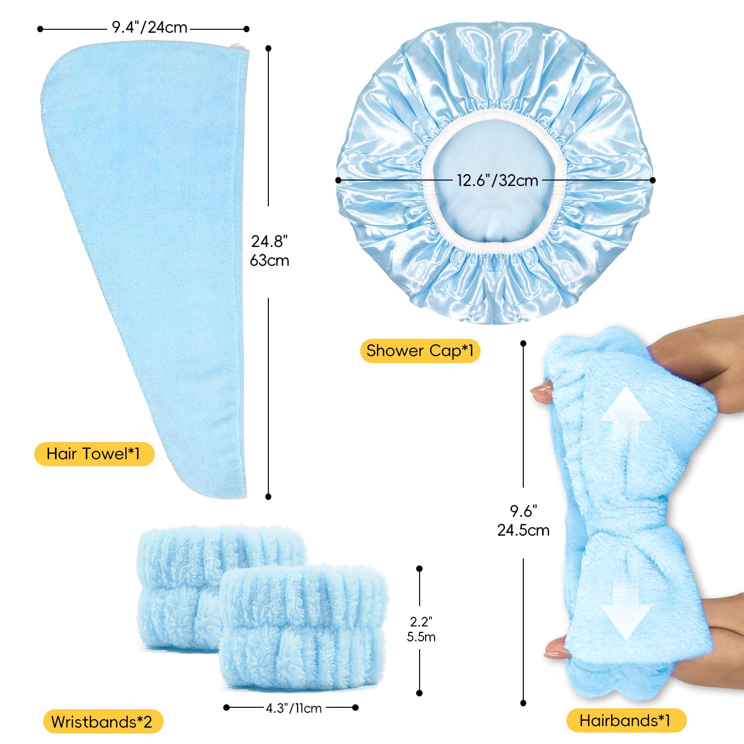 Hair towel wrap for women, Shower cap reusable waterproof, Shower cap and Hair Towel set, Come with a spa headband and wristbands Soft and Breathable for Long Thick Hair-Blue - Image 2
