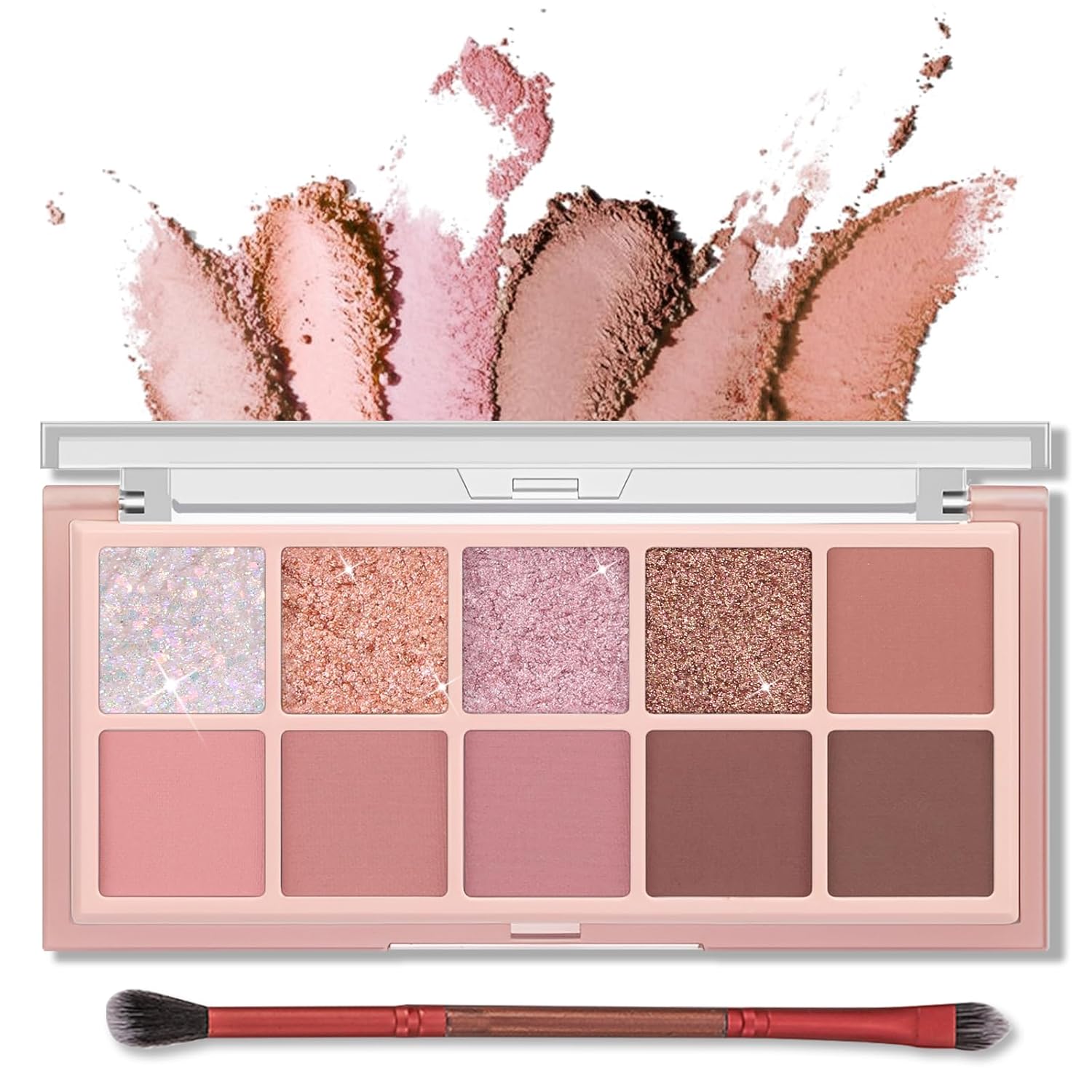 Erinde 10 Colors Eyeshadow Palette Makeup - Matte Shimmer Glitter Eye Shadow, Natural-Looking Korean Eye Makeup, Ultra-Blendable, High Pigmented, Pink Christmas Eyeshadow Palette with Brush, Rose Pink