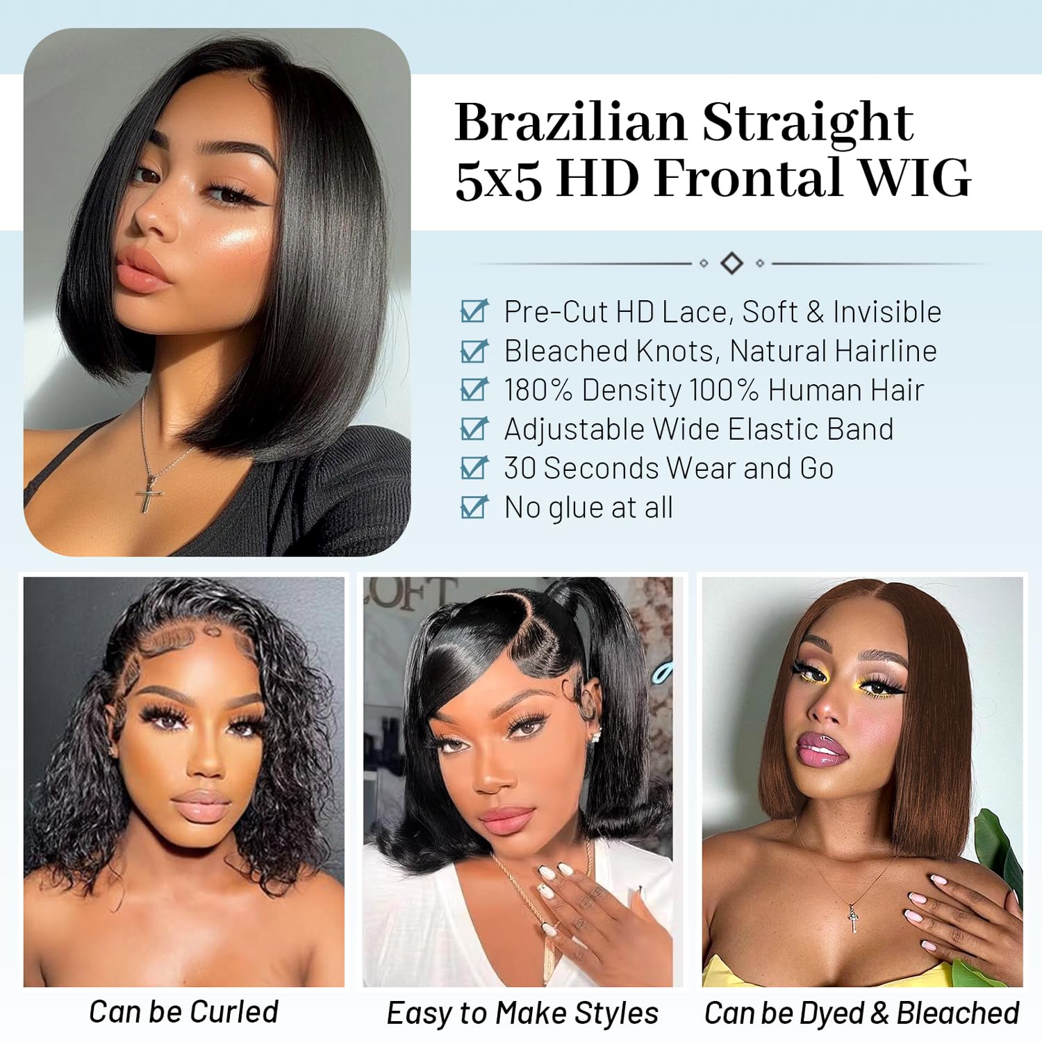 Wear and Go Glueless Bob Wig Human Hair Pre Plucked Pre Cut 180% Density 5x5 HD Transparent Lace Front Wigs Human Hair for Black Women Short Straight Bob Wigs No Glue Lace Closure Wigs 10 Inch - Image 6