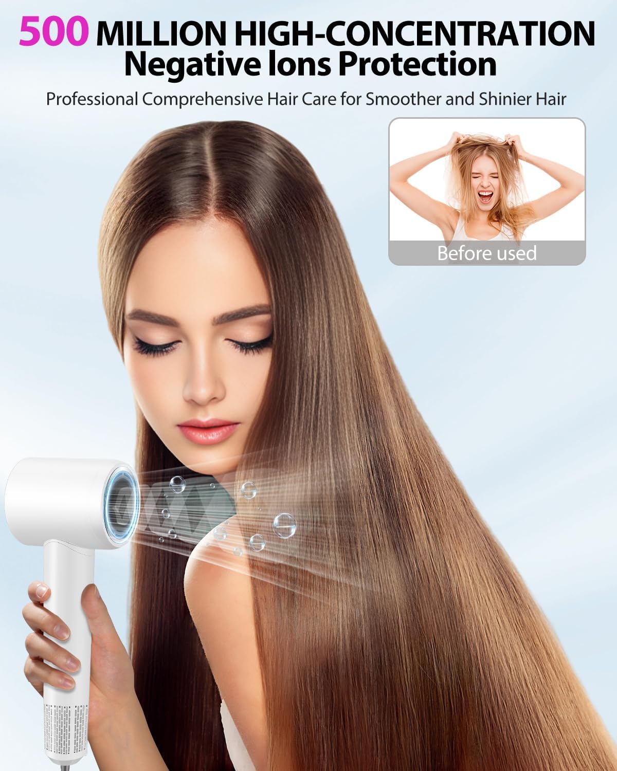 Hair Dryer Blow Dryer,180000 RPM High-Speed Brushless Motor 500 Millions Negative Ionic hairdryer for Fast Drying, Quiet Thermo-Control Hair dryers for Women Home Travel Salon (White) - Image 6