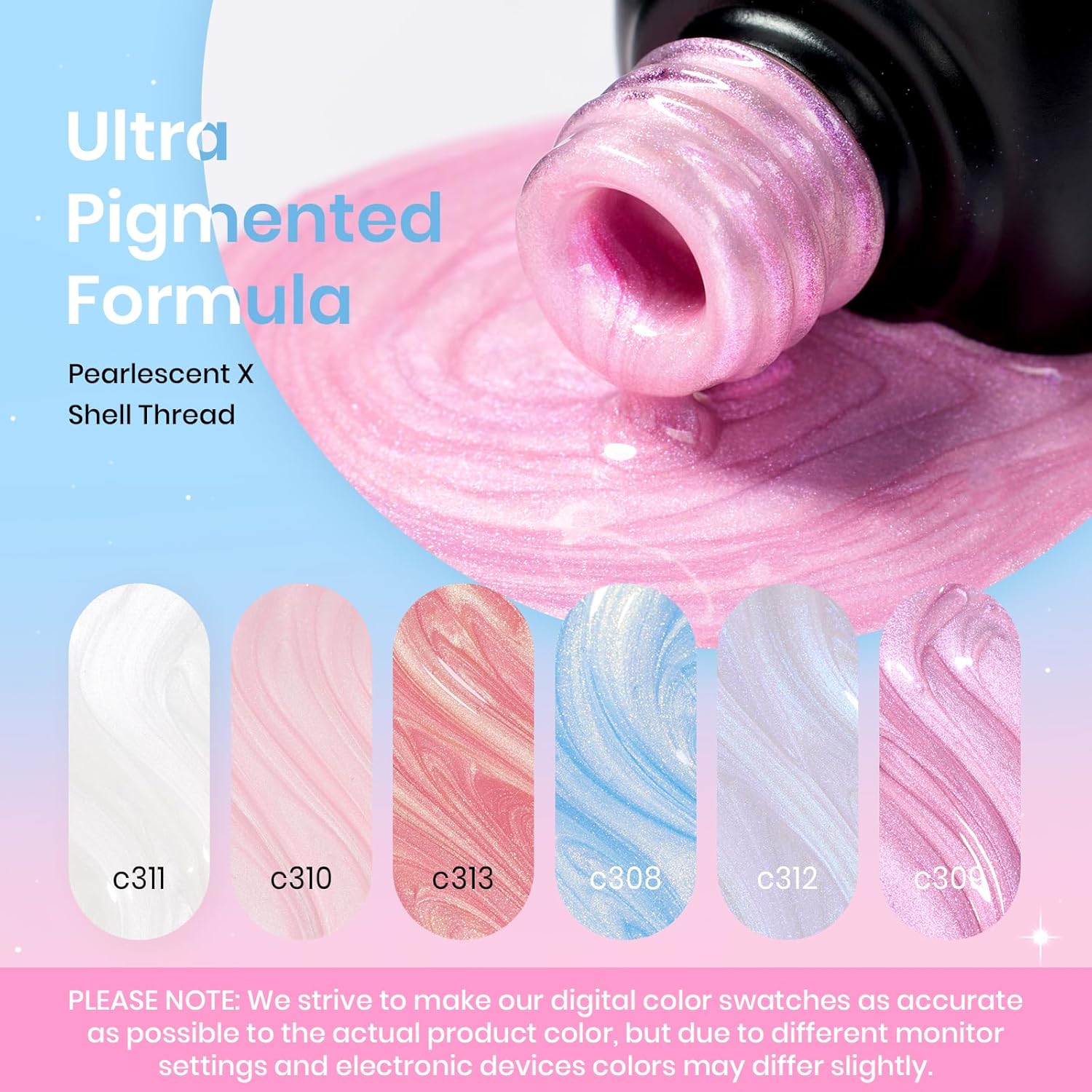 Beetles Shimmer Glitter Gel Nail Polish Set, 6 Colors Pearl White Gel Nail Polish Mermaid Soak Off Uv Led Summer Pink Blue Polish Swirl Thread Effect DIY Manicure Art Gift for Women - Image 3