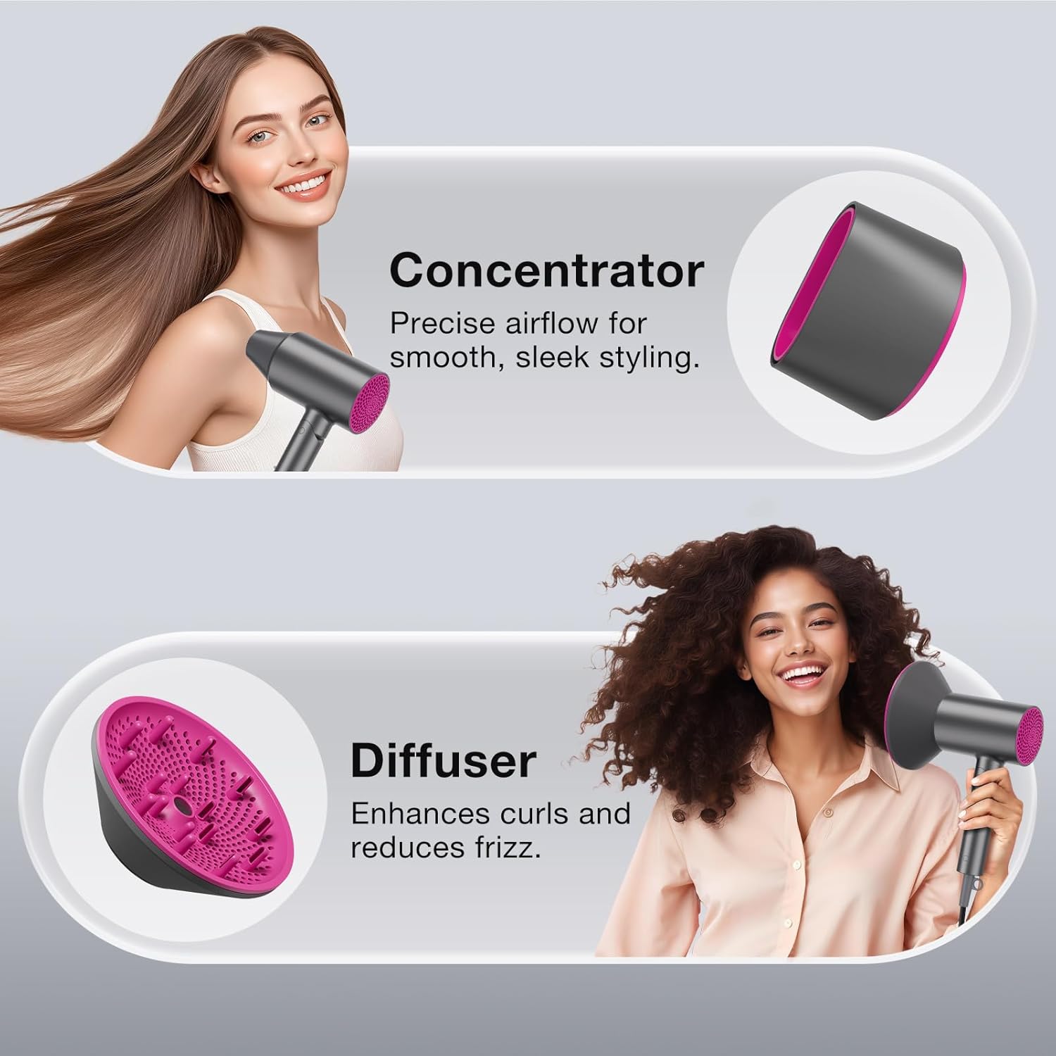 Diffuser Hair Dryer, 1875W Fast Drying, Foldable Travel Design, Turbo Blow Dryer with Diffuser and Concentrator Nozzle, Compact & Powerful Ionic Hairdryer, 3 Temps & 2 Speeds Lightweight, Gray - Image 6