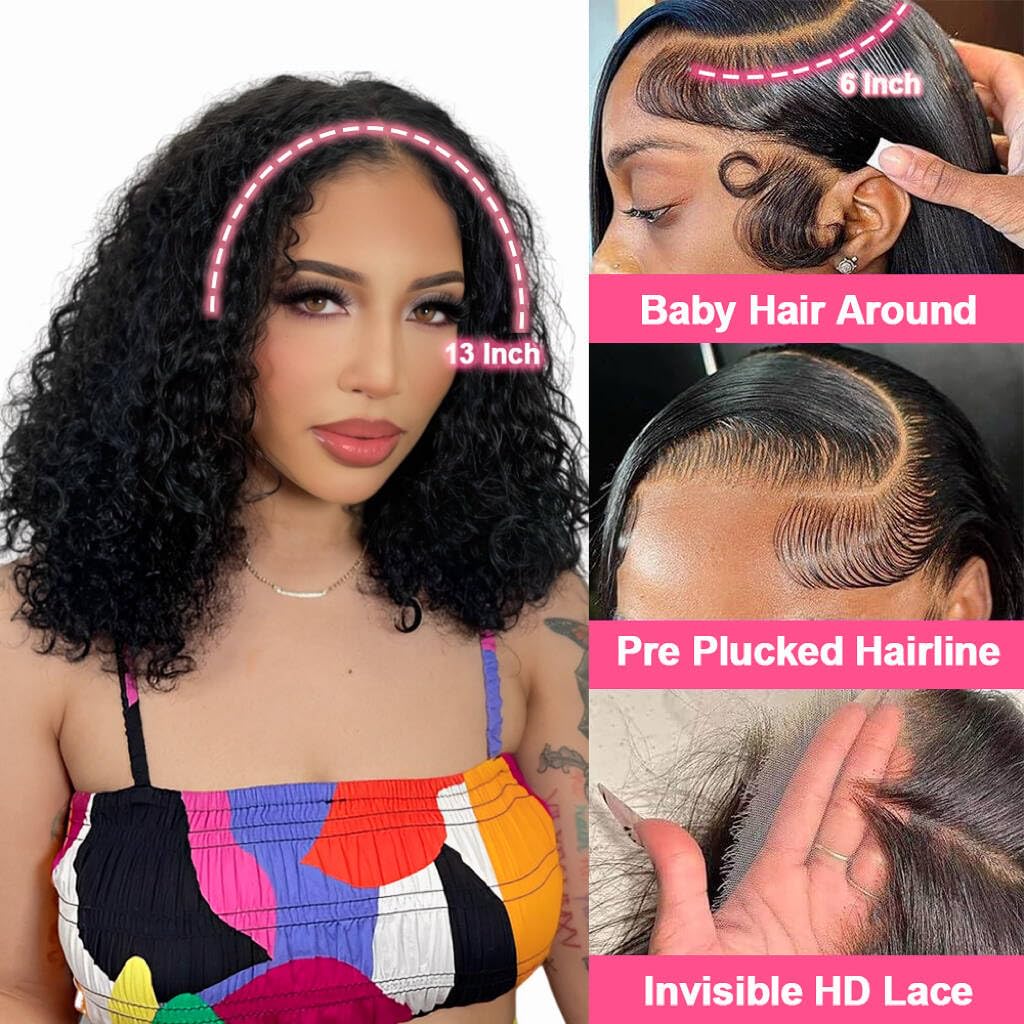 16 Inch HD Deep Wave Glueless Lace Front Bob Wig 210 Density Human Hair Pre Plucked Curly For Black Women - Image 2