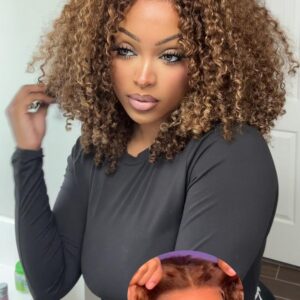 ORIGINAL QUEEN Highlight Blonde Wear and Go Glueless Wigs Human Hair Pre Plucked Pre Cut, 5x7 OQ Hair Glueless Wigs 4/27 Water Wave Short Curly Bob Wig Human Hair for Women 4/27 Color 12Inch