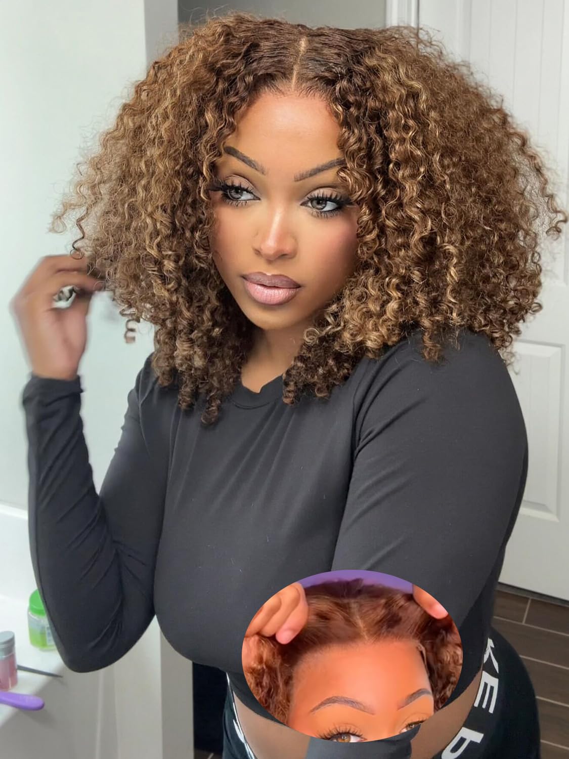ORIGINAL QUEEN Highlight Blonde Wear and Go Glueless Wigs Human Hair Pre Plucked Pre Cut, 5x7 OQ Hair Glueless Wigs 4/27 Water Wave Short Curly Bob Wig Human Hair for Women 4/27 Color 12Inch