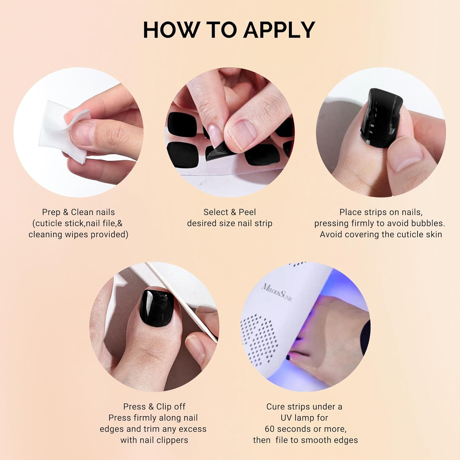 MelodySusie 32Pcs Semi Cured Gel Toe Nail Strips (Black), Pedicure Stickers for Toes, Works with Any UV/LED Lamps, Salon-Quality, Long Lasting, Easy to Apply & Remove - Image 6