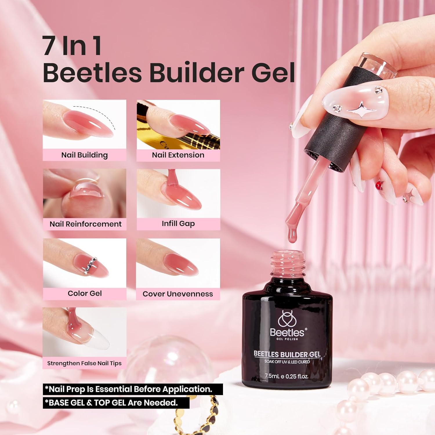 Beetles Builder Gel for Nails, 6 Colors 7 in 1 Builder Gel Nail Kit, Jelly Clear Pink Nude Hard Gel for Nail Apex Nail Thickening Extension Strengthen Thin Nails UV Gel Beauty Gift Sets for Women - Image 2