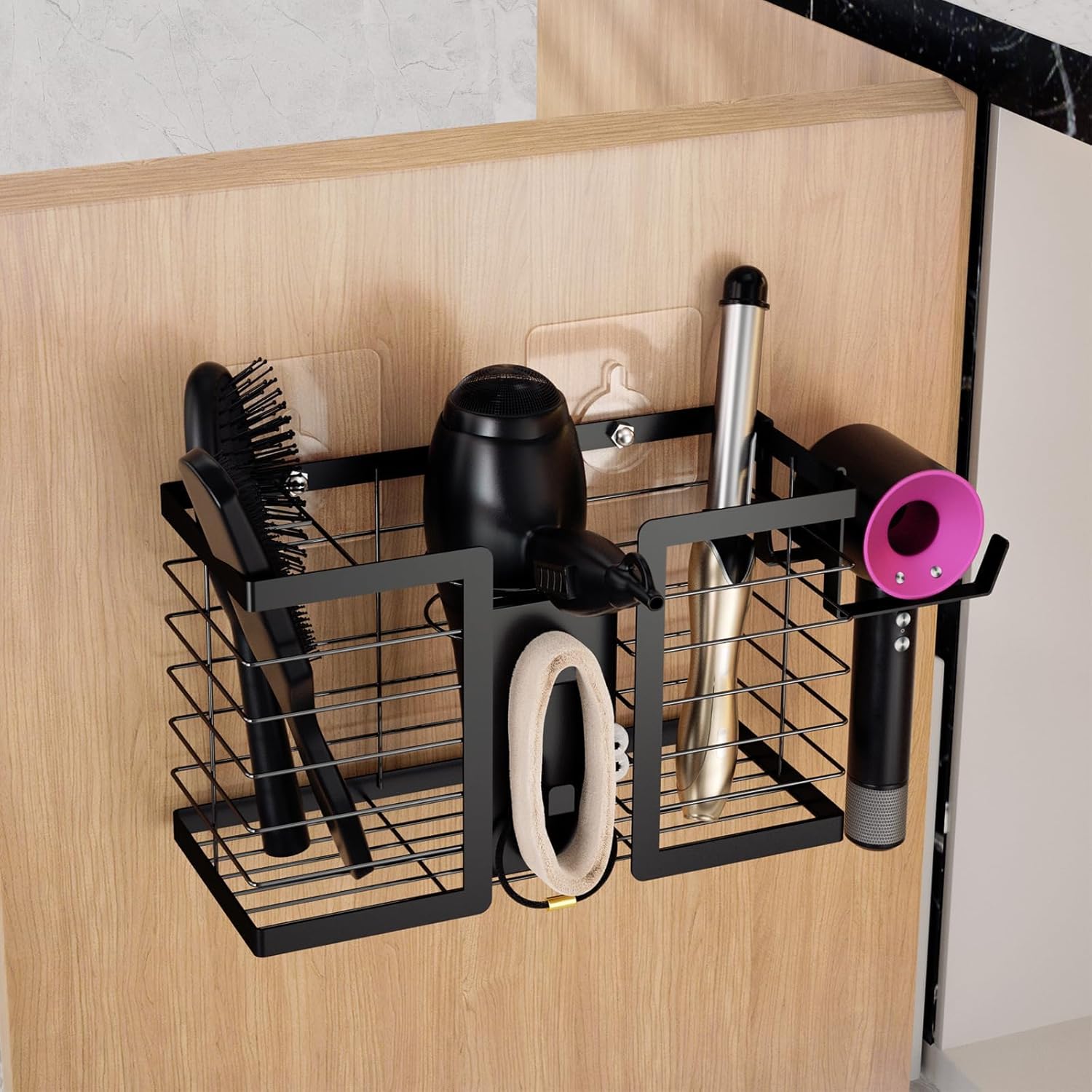 Hair Tool Organizer - Hair Dryer Holder, 3 in 1 Metal Bathroom Organizer Wall Mount for Flat Iron, Curling Iron, Straightener, Styling Tools Bathroom Storage and Organizer (Black)