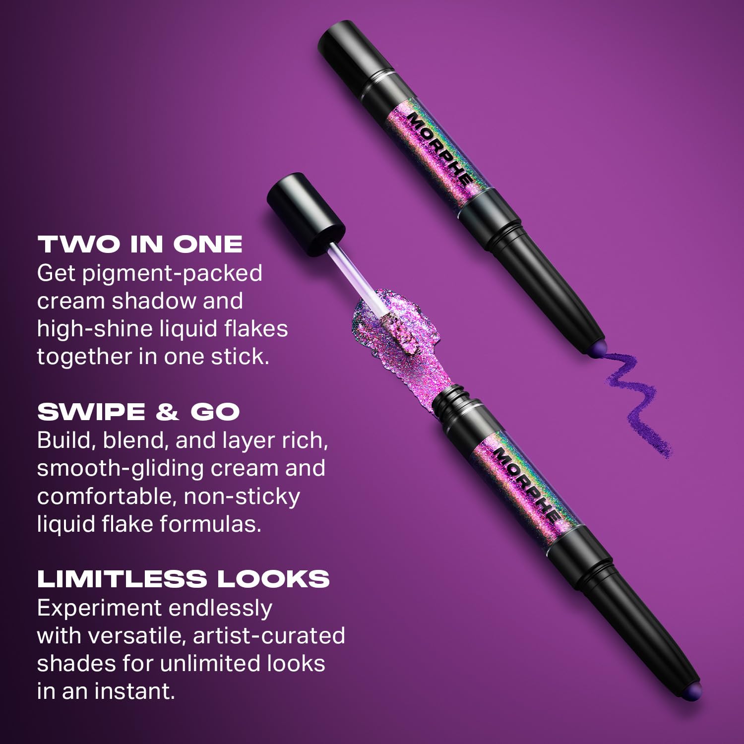 Morphe Mixed Signals Dual-Ended Eyeshadow Stick - Cream Eyeshadow Pigment & Chrome Liquid Flakes for Bold, Layered Eye Makeup Looks - Committed/Conflicted (0.96 oz) - Image 4