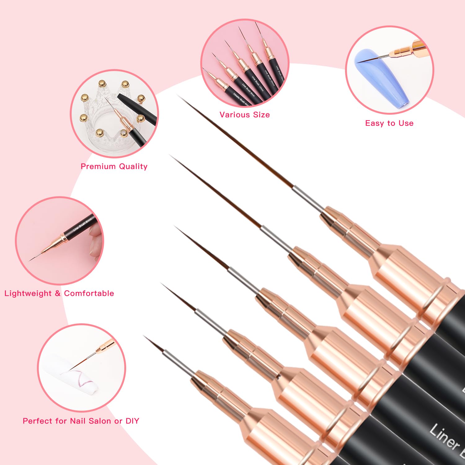 Metallic Nail Art Brushes, 5Pcs Liner Brush Set, UV Gel Polish Painting Art Design Pen for Long Lines, Thin Details, Fine Drawing Sizes 4/8/12/20/25mm(Black) - Image 5