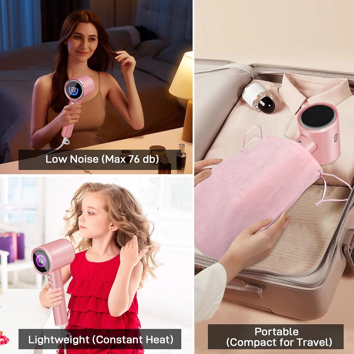 CIICII Negative Ionic Hair Dryer Professional, 120000RPM High Speed Blow Dryer (1600W Brushless/ 3-Speed/ 4-Temp & HD Display & Portable Bag) Fast Drying Hairdryer for Home, Travel & Salon (Pink) - Image 6