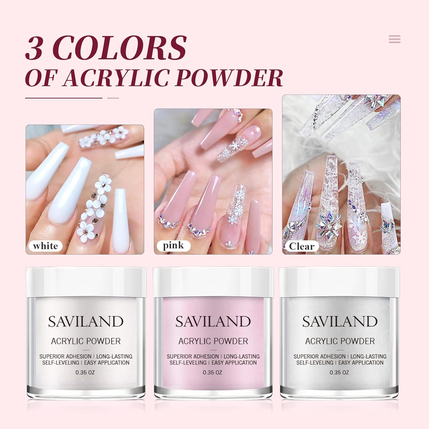 SAVILAND Acrylic Nail Kit for Beginners: White Pink Clear Acrylic Powder and Liquid Set with Nail Brush Forms Manicure Tools Kit with Everything for Beginners Home DIY Nail Art Salon - Image 2