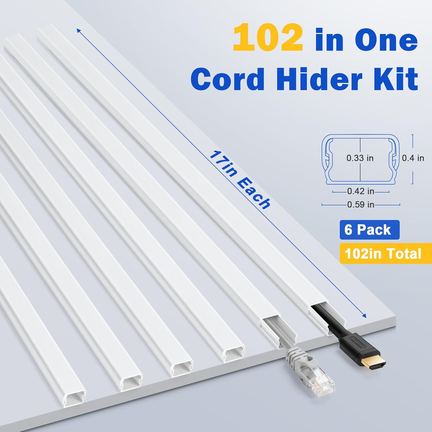 Cord Hider for One Wire, 102in Cable Hider Concealer, Paintable Wall Wire Covers, PVC Cable Management Raceway for A Thick Extension Cord, 6 x L17in W0.59 H0.4in, White - Image 6