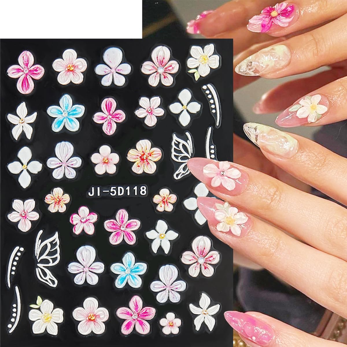 Flower Nail Art Stickers 5D Embossed Pink White Flower Nail Decals Luxury Colorful Five Petal Floral Nail Design Stickers Summer Butterfly Nail Art Supplies Heart Nail Stickers for Women Manicure-3Pcs - Image 4