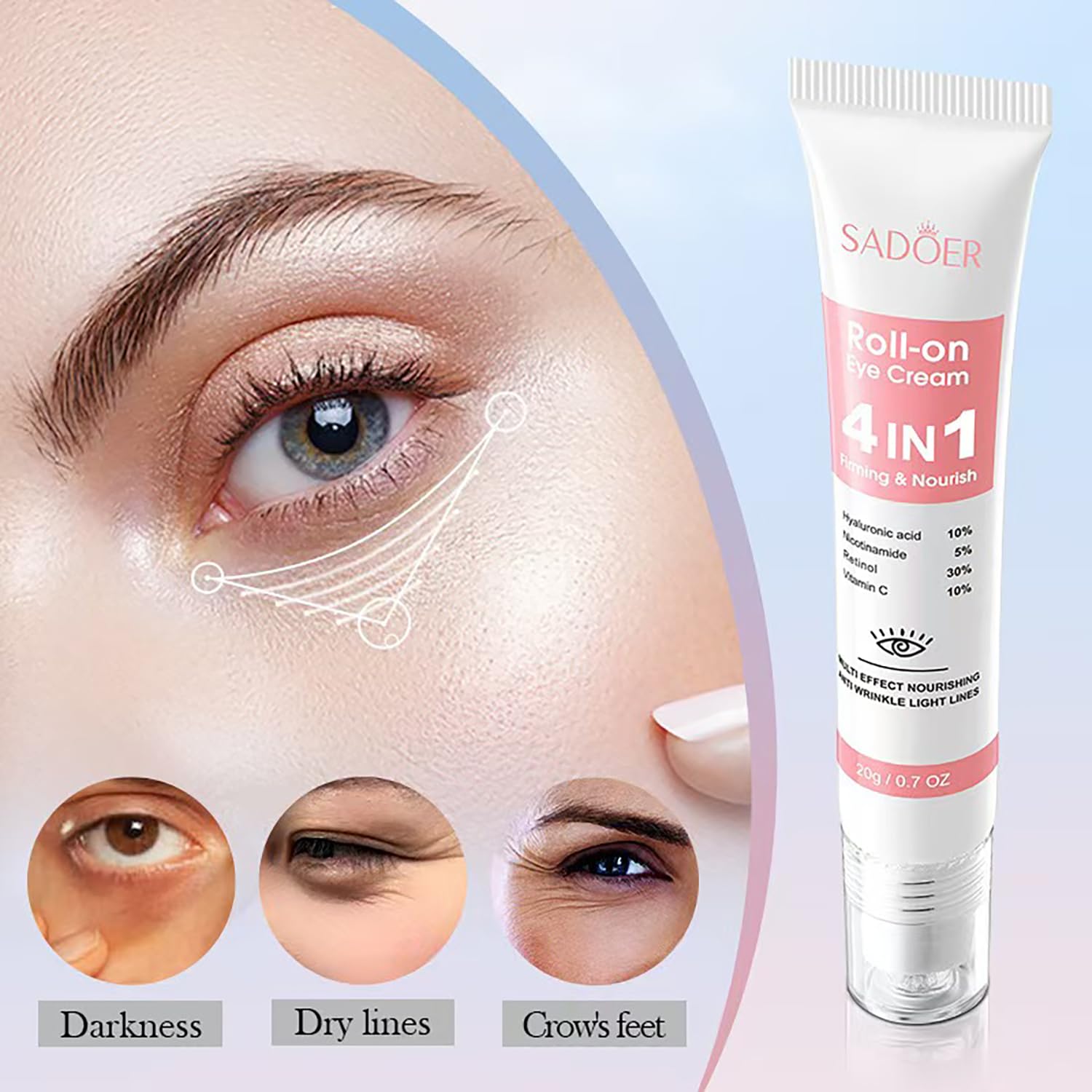 Eye Cream with 10% Hyaluronic Acid, 5% Nicotinamide, 30% Retinol, 10% Vitamin C for Puffy Eye Bags Fine Lines Dark Circles Wrinkles, Under Eye Cream with 360° Eye Roller Massage Ball, 0.7 fl. oz - Image 5
