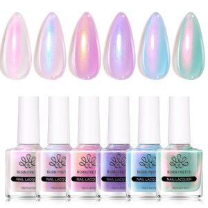 Born Pretty Pearl Nail Polish Set, 6 Colors Ombre Pearl Shimmer White Pink Purple Mermaid Nail Polish Quick Dry Spring Summer Finger 10ml 0.34oz Shell Glitter Nail Lacquer Set